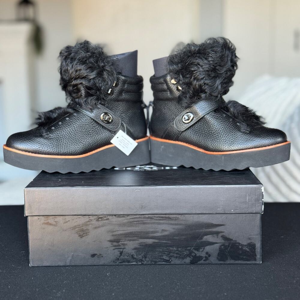 Coach Urban Hiker Shearling Boots Black Leather Fur Platform Women's 6M NWT